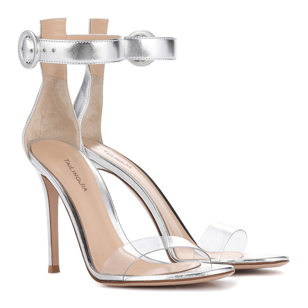 European and American Oversized Womens Shoes With Pvc Buckle and Silver Slim Heels, Elegant Sandals - E-Esther Clothing Store