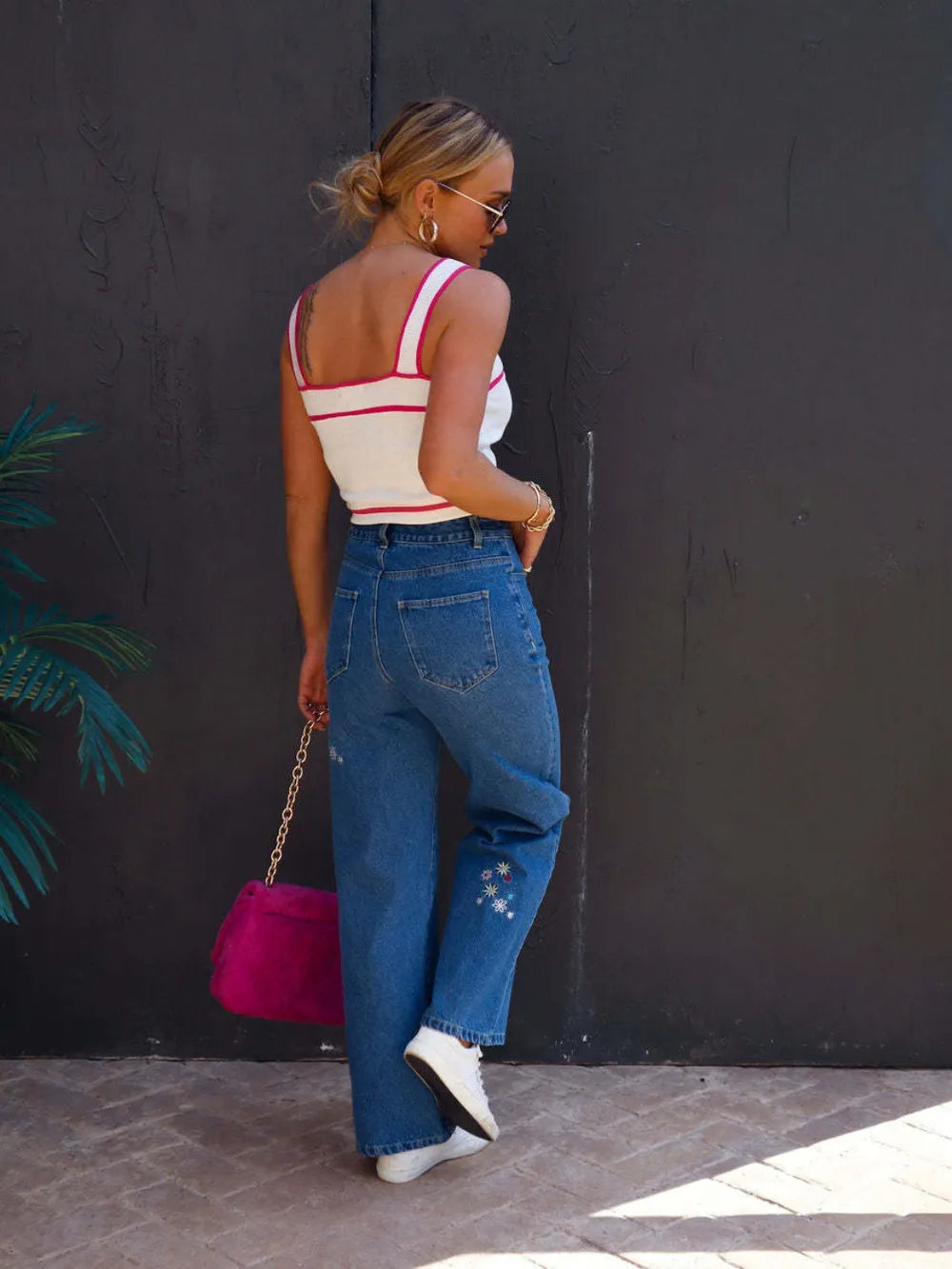 Fashionable and versatile floral embroidery slimming women's denim wide leg pants - E-Esther Clothing Store