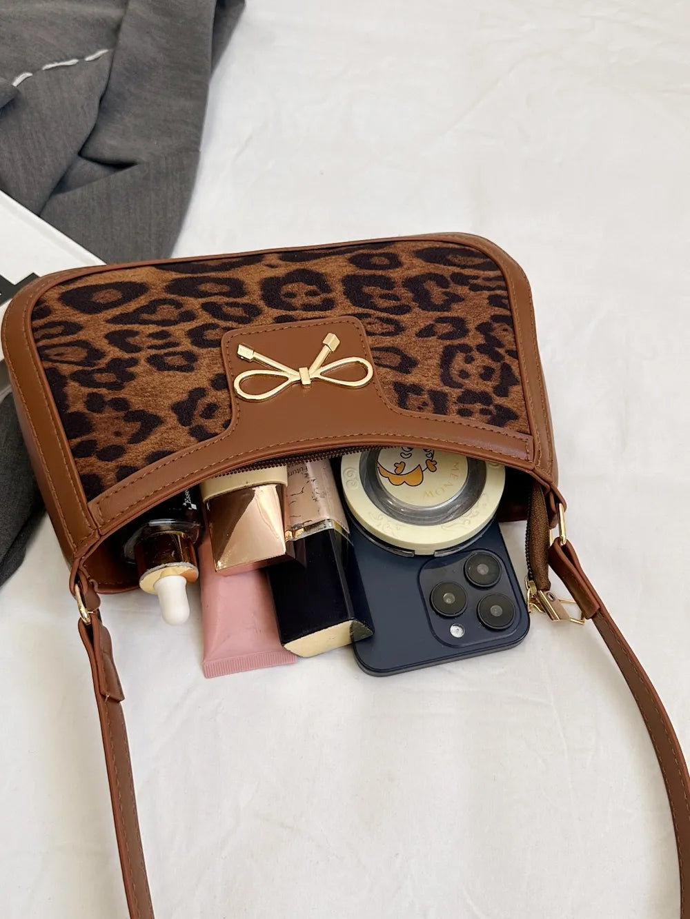Bow Leopard PU Leather Handbag - E-Esther Clothing Store