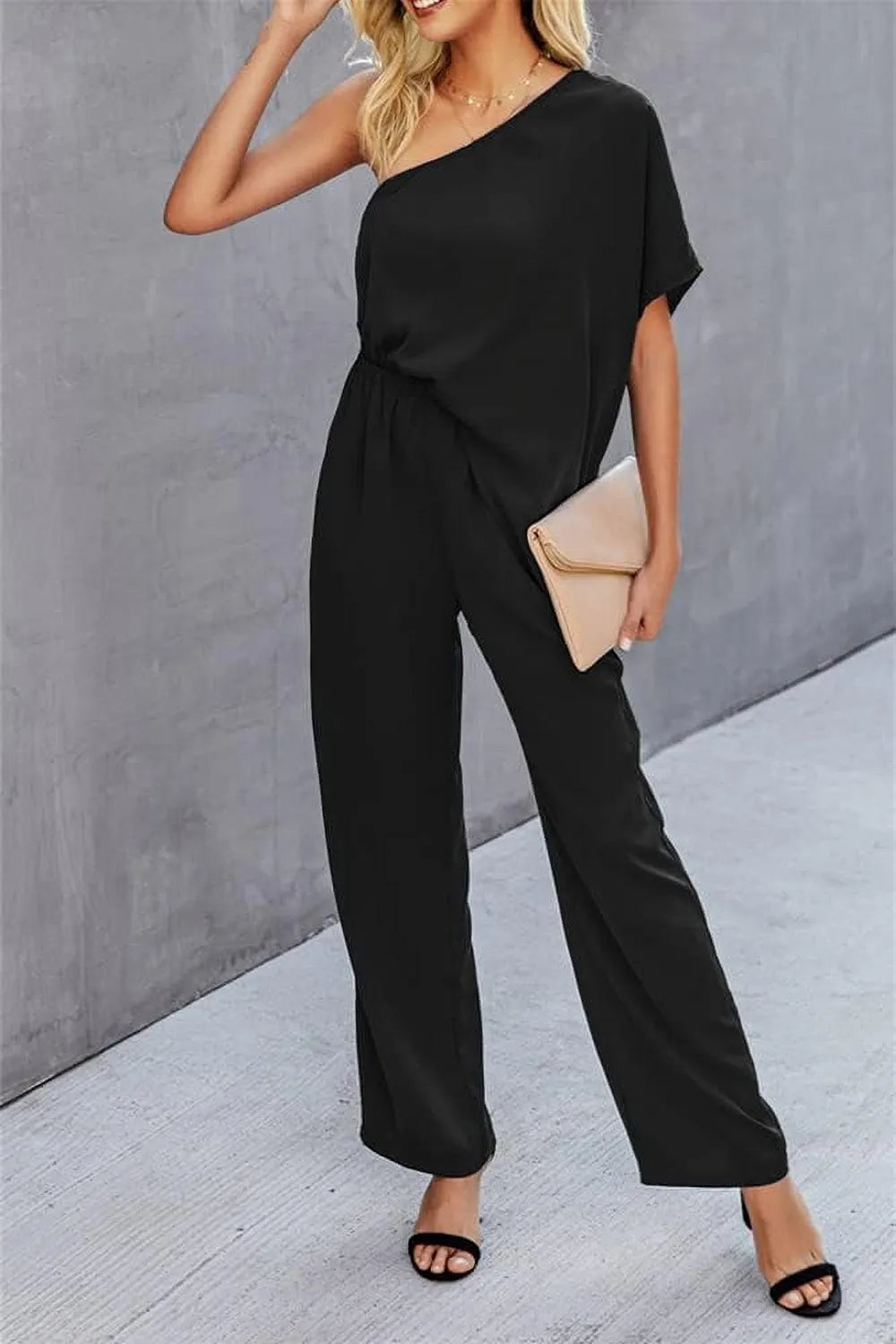 Single Shoulder Short Sleeve Jumpsuit - E-Esther Clothing Store