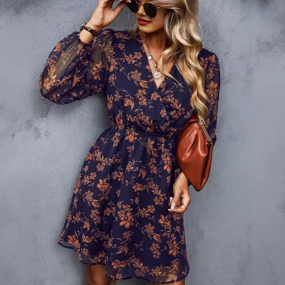 V-neck elegant chiffon printed floral spring see through skirt - E-Esther Clothing Store