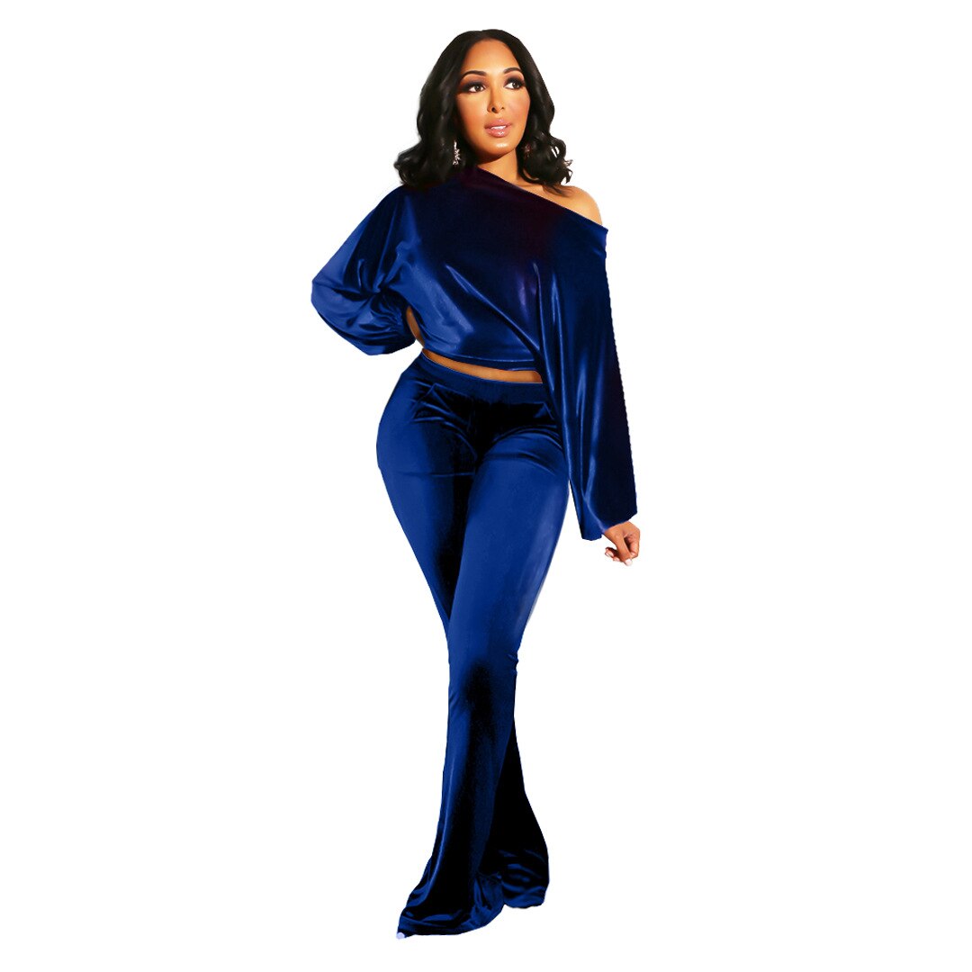 Autumn and Winter Women's Suit Pants Nightclub Sexy T-shirt Flannelette One Shoulder Slim Fit Elegant Women's 2-piece Set - E-Esther Clothing Store