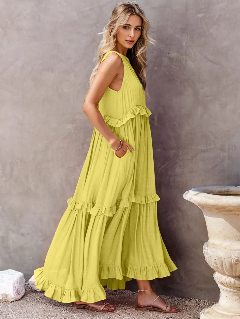 Ruffled Sleeveless Tiered Maxi Dress with Pockets - E-Esther Clothing Store