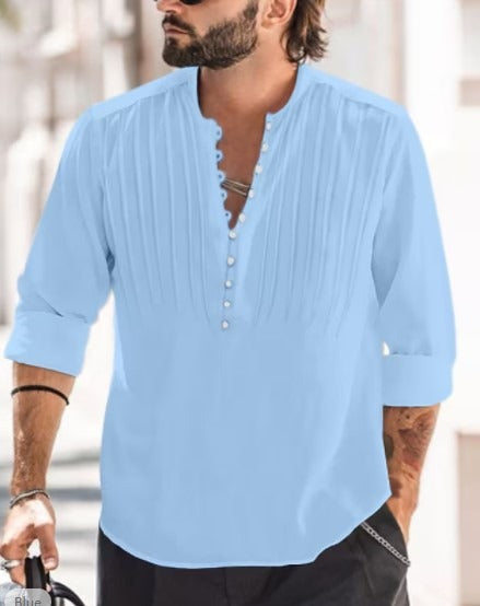 Cotton and Linen Mens Casual Button Round Neck Solid Standing Collar Shirt - E-Esther Clothing Store