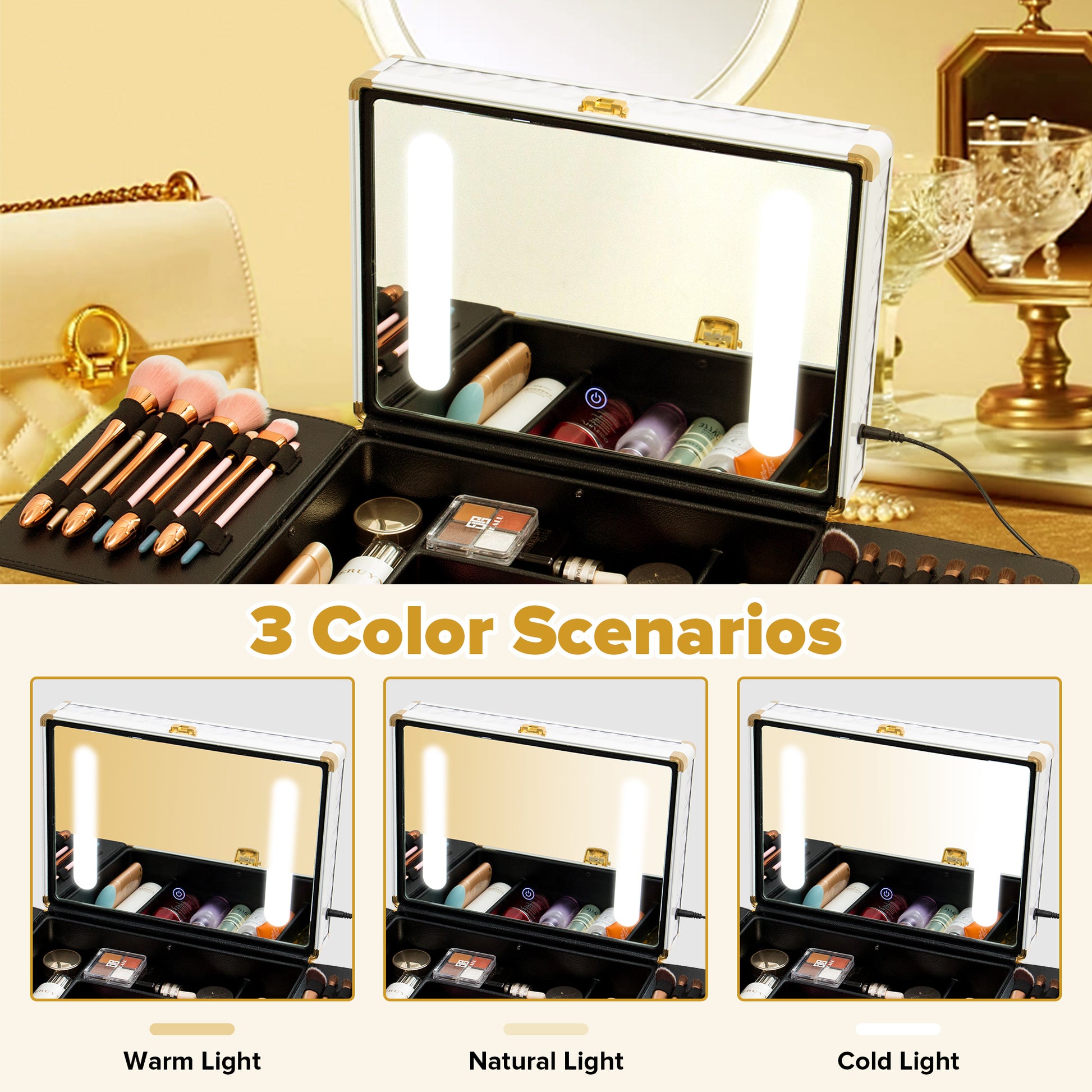 Portable makeup case, travel makeup bag with LED mirror, locked makeup storage box, brush holder, divider, rechargeable, white - E-Esther Clothing Store