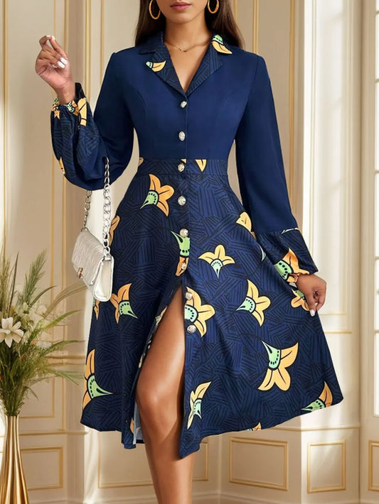 Printed Collared Neck Long Sleeve Dress - E-Esther Clothing Store
