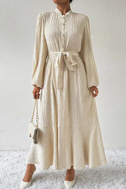 Tied Button Up Balloon Sleeve Dress - E-Esther Clothing Store