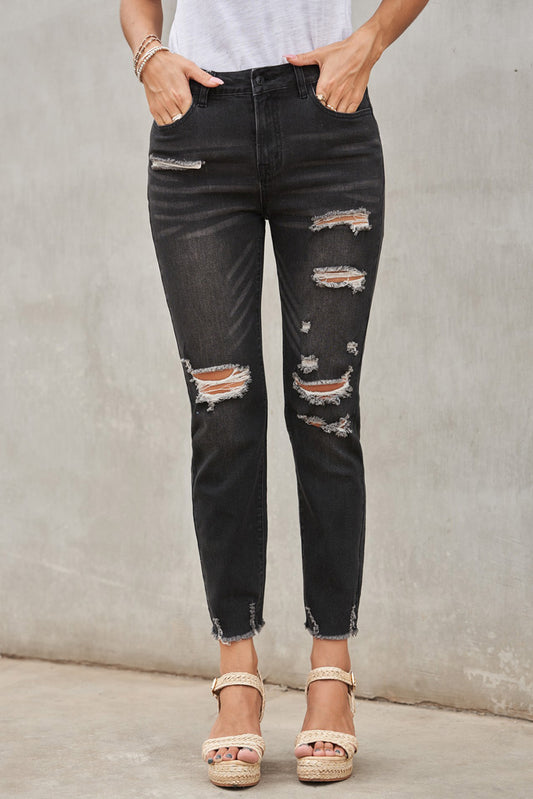 Black Distressed Boyfriend Denim Pants - E-Esther Clothing Store