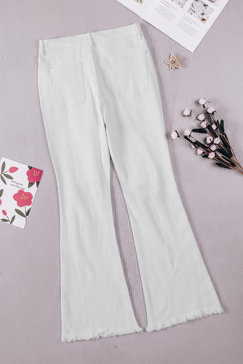 White Distressed Hollow-out Knee Frayed Flare Jeans - E-Esther Clothing Store