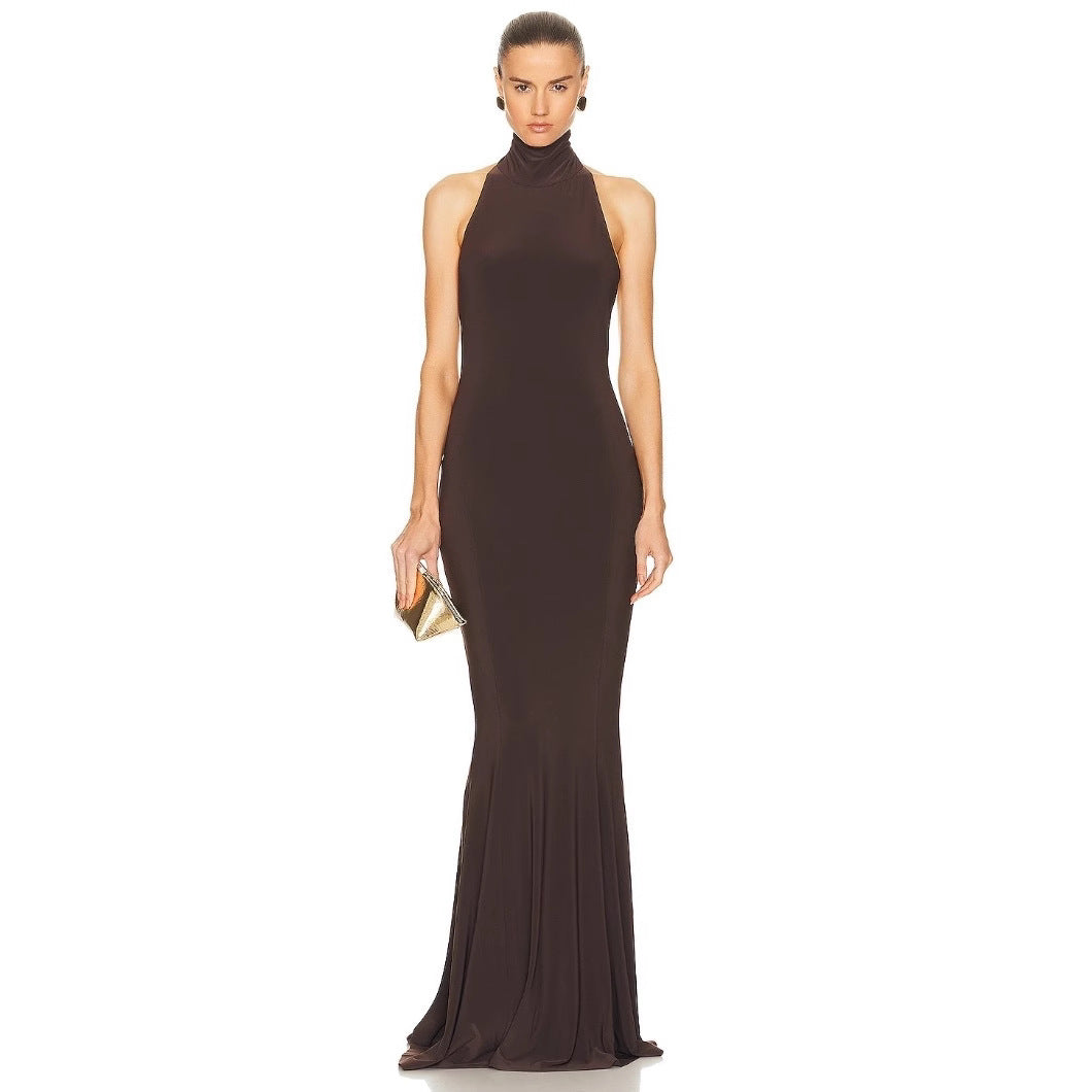Hanging neck exposed back slim fit fashionable fishtail long dress formal dress - E-Esther Clothing Store