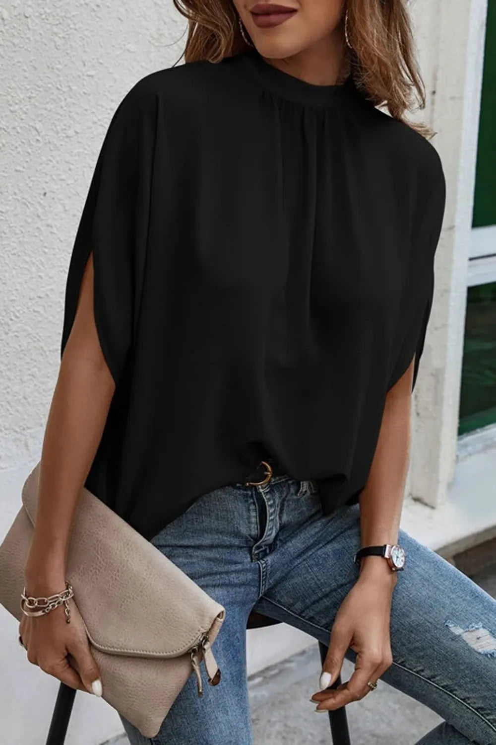 Tie Back Slit Half Sleeve Blouse - E-Esther Clothing Store
