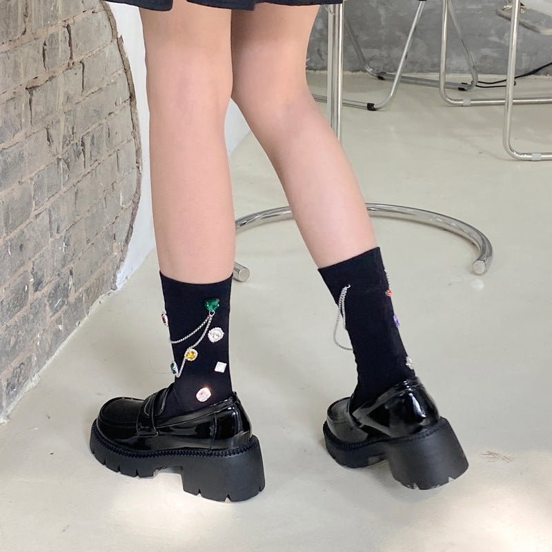 Summer and Spring European Luxury Love Diamond Black Chain Middle Tube Stacked Socks - E-Esther Clothing Store