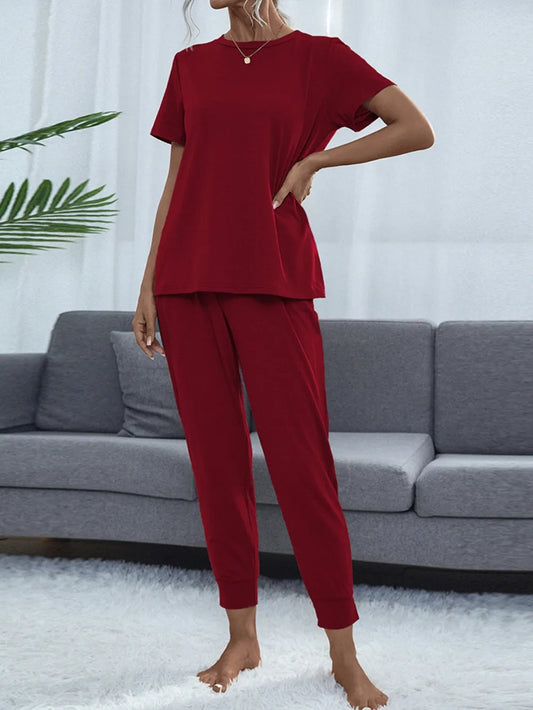 Shiny Round Neck Top and Pants Lounge Set - E-Esther Clothing Store