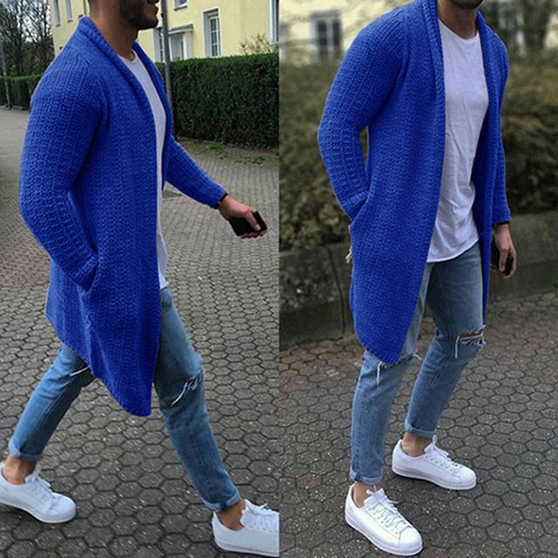 Mens Wool Cardigan Autumn Winter Warm Thick Solid Spacious Pocket Fashion Long Sweaters Knitted Cotton Casual Male Jackets - E-Esther Clothing Store