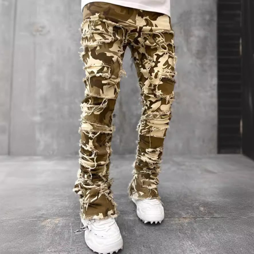 Men's denim straight leg pants with elastic patch fabric - E-Esther Clothing Store
