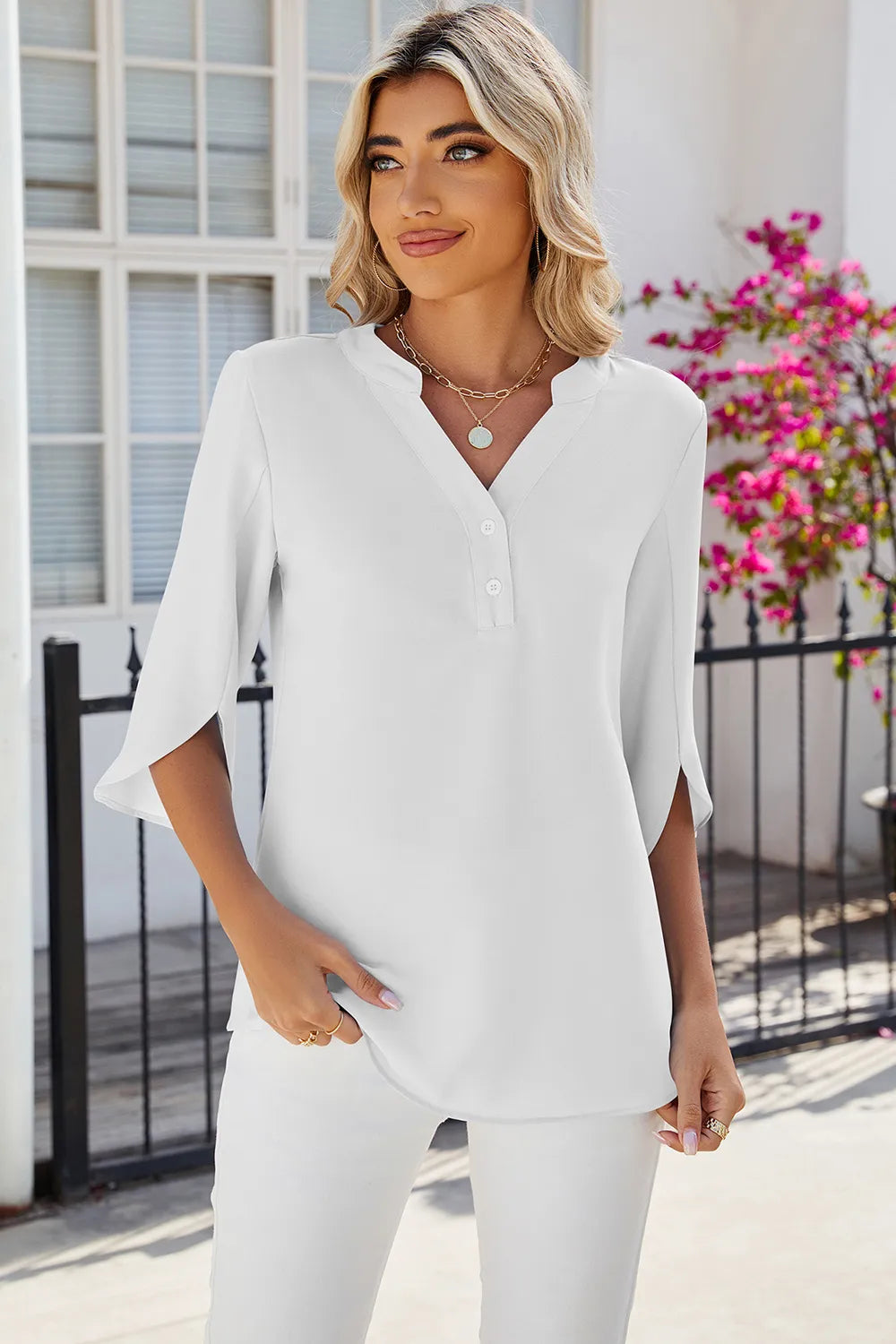Solid color V-neck mid sleeve chiffon top for women - E-Esther Clothing Store