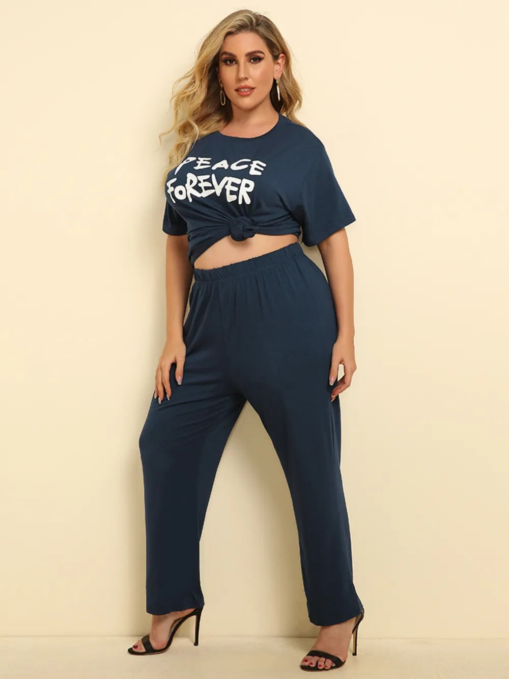 Plus Size PEACE FOREVER Short Sleeve Top and Pants Set - E-Esther Clothing Store