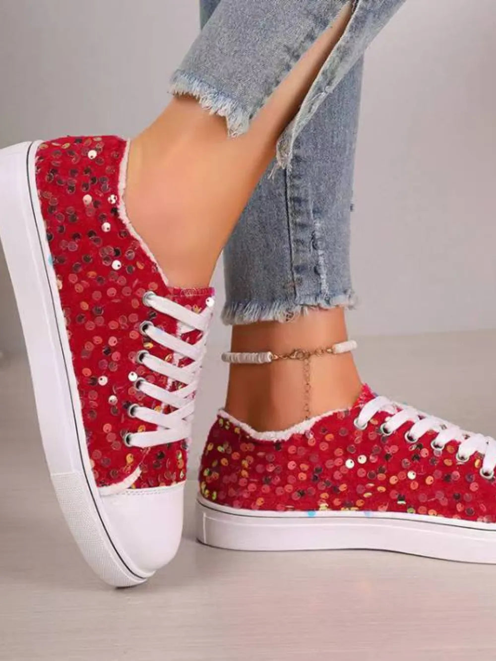 Sequin Round Toe Flat Sneakers - E-Esther Clothing Store