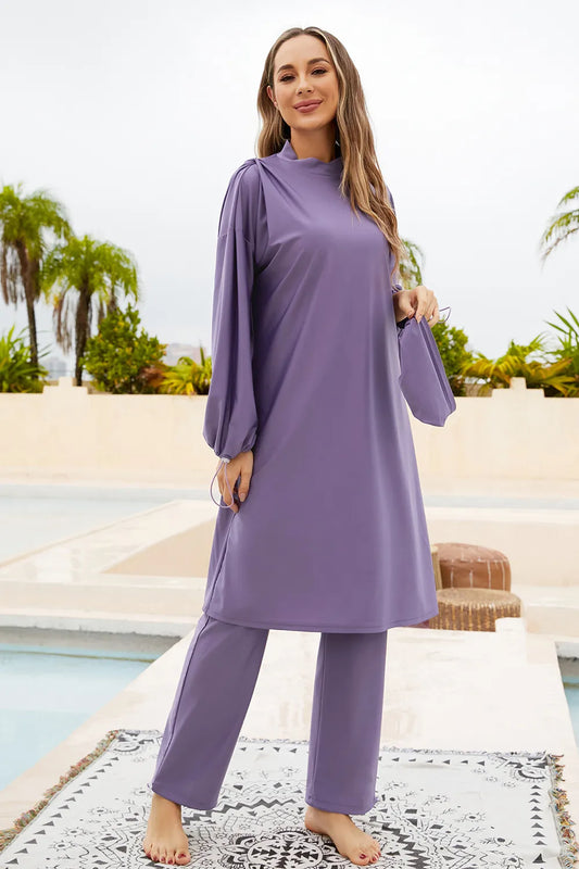Cap, Drawstring Mock Neck Long Sleeve Top and Pants Swim Set - E-Esther Clothing Store