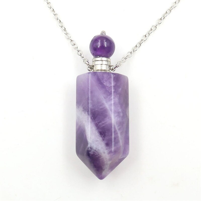 Natural Crystal Hexagonal Perfume Bottle Pendant Necklace Fluorite Pendant Essential Oil Jar Chain Necklace - E-Esther Clothing Store