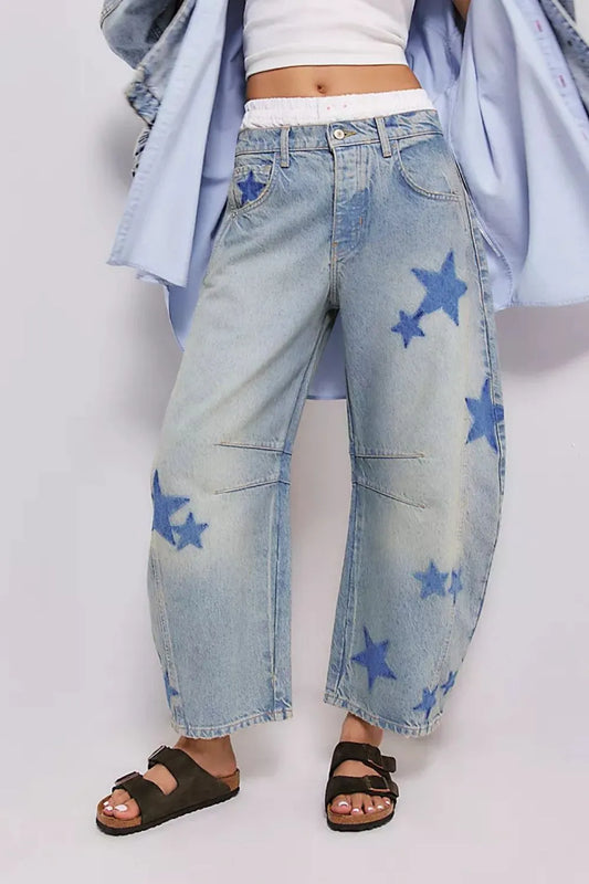 Contrast Star Wide Leg Jeans - E-Esther Clothing Store