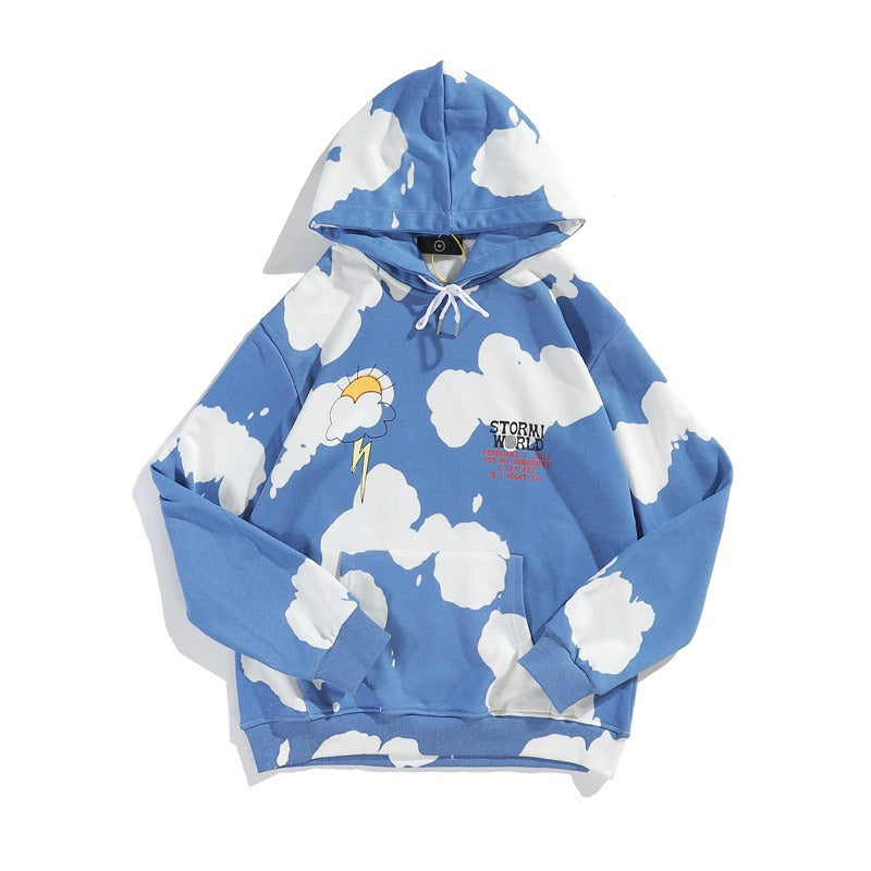 Blue Sky and White Clouds Tie Dyed Hoodie Ins Oversized Hoodie