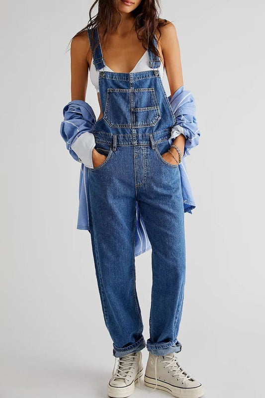 Wide Strap Square Neck Denim Overalls - E-Esther Clothing Store