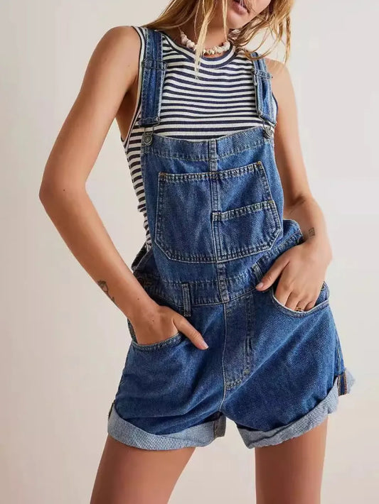 Wide Strap Square Neck Denim Overalls - E-Esther Clothing Store