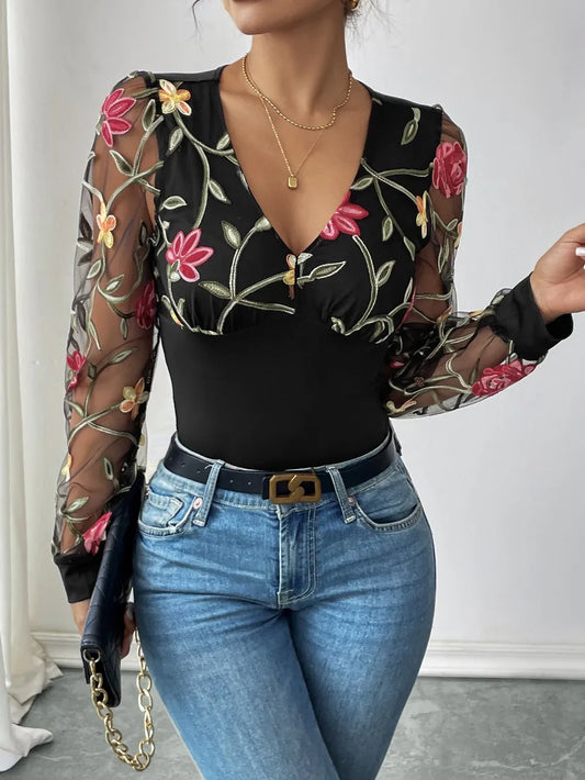 Embroidered V-Neck Long Sleeve Bodysuit - E-Esther Clothing Store