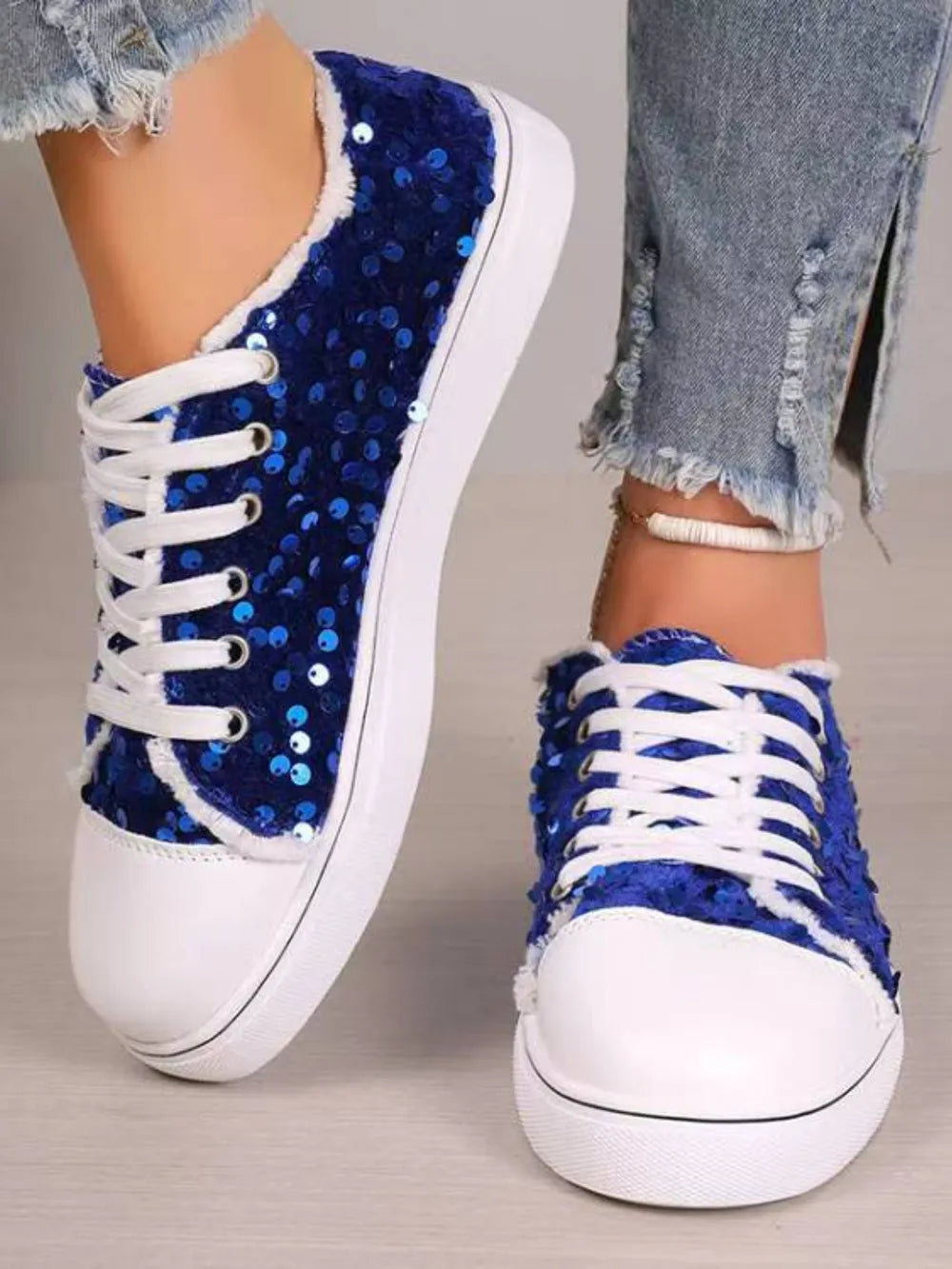 Sequin Round Toe Flat Sneakers - E-Esther Clothing Store