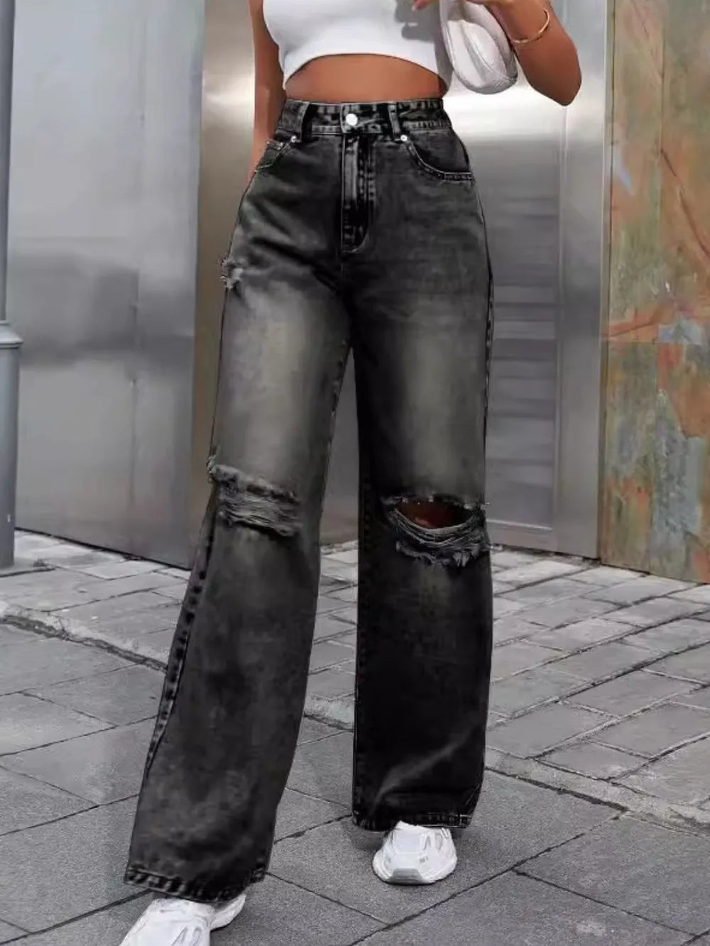 Distressed Wide Leg Jeans with Pockets - E-Esther Clothing Store