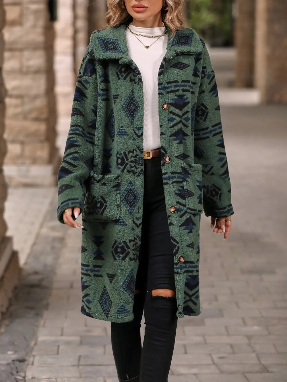 Geometric Pocketed Dropped Shoulder Coat - E-Esther Clothing Store