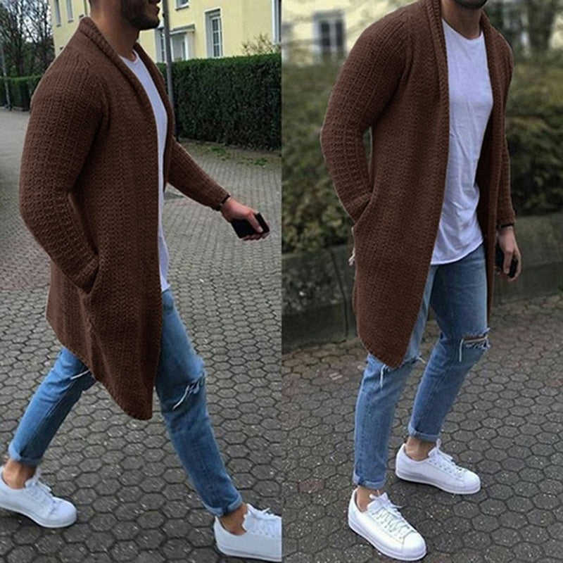 Mens Wool Cardigan Autumn Winter Warm Thick Solid Spacious Pocket Fashion Long Sweaters Knitted Cotton Casual Male Jackets - E-Esther Clothing Store