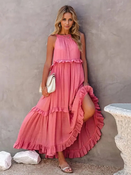 Ruffled Sleeveless Tiered Maxi Dress with Pockets - E-Esther Clothing Store