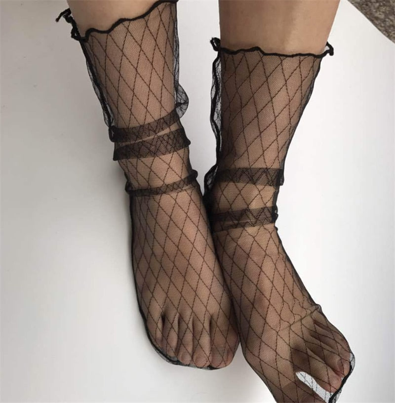 Spring and Summer Retro Lace Floral Mesh Women Socks Thin Middle Tube Transparent Sock Women Breathable Silk Ultrathin Sock New - E-Esther Clothing Store