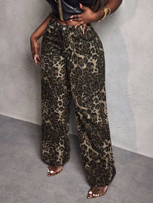 Leopard Wide Leg Jeans - E-Esther Clothing Store