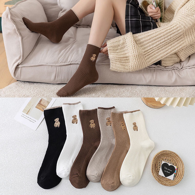 Women's Cute Bear Cotton Socks Comfortable Soft Crew Breathable Sports Sock Cartoon Short Sock Middle Tube Socks 6 pairs - E-Esther Clothing Store