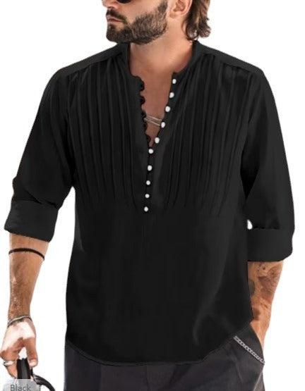Cotton and Linen Mens Casual Button Round Neck Solid Standing Collar Shirt - E-Esther Clothing Store