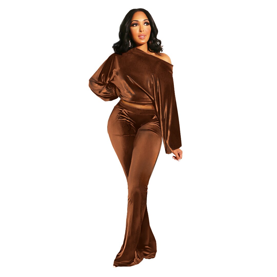 Autumn and Winter Women's Suit Pants Nightclub Sexy T-shirt Flannelette One Shoulder Slim Fit Elegant Women's 2-piece Set - E-Esther Clothing Store