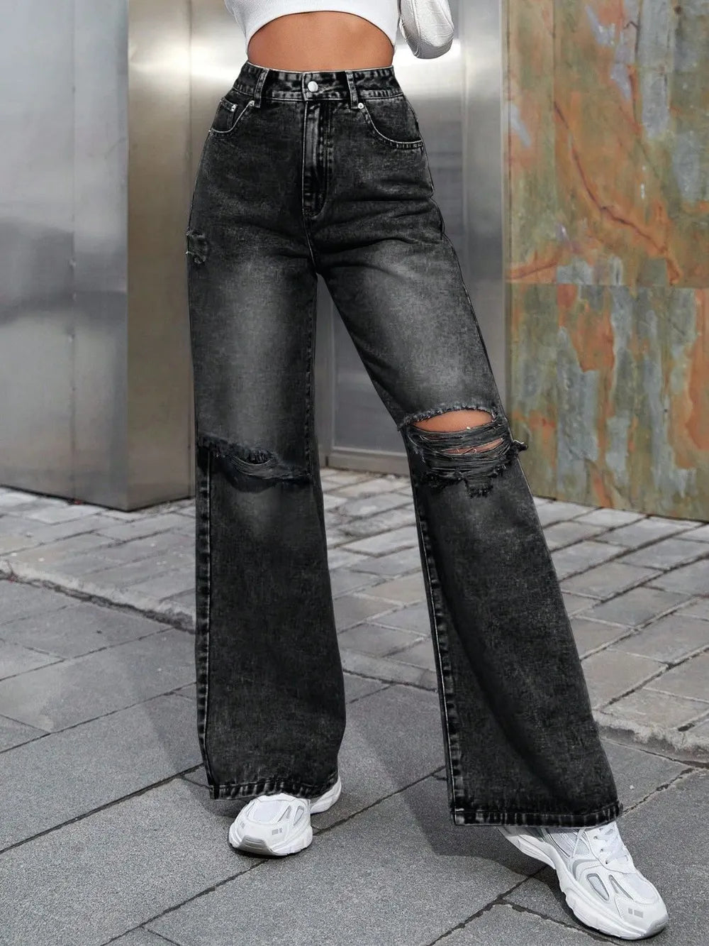 Distressed Wide Leg Jeans with Pockets - E-Esther Clothing Store