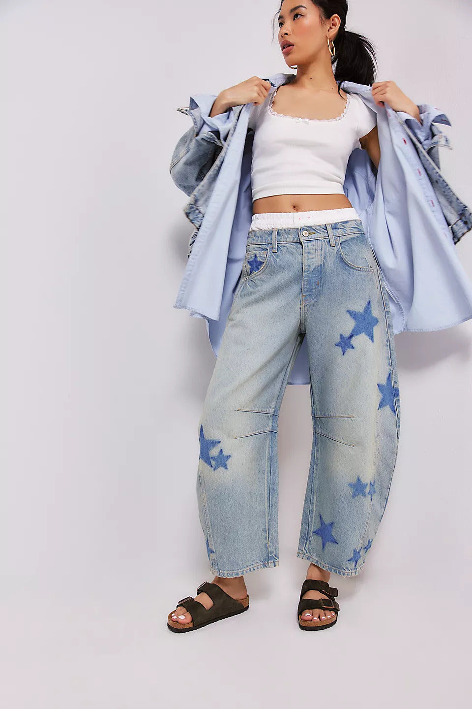 Contrast Star Wide Leg Jeans - E-Esther Clothing Store
