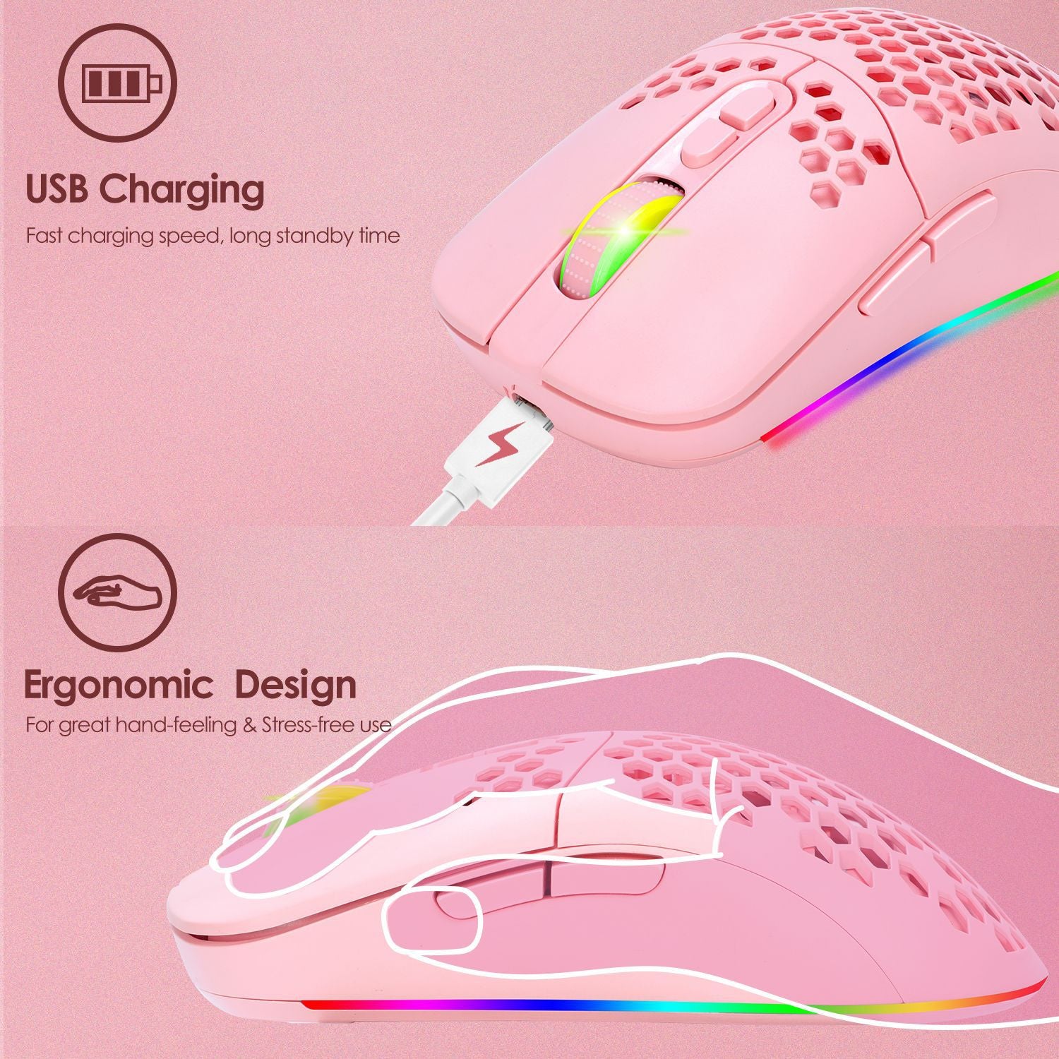 Charging hole the third mock examination Bluetooth wireless mouse lightweight mute cellular RGB light-emitting pink mouse - E-Esther Clothing Store