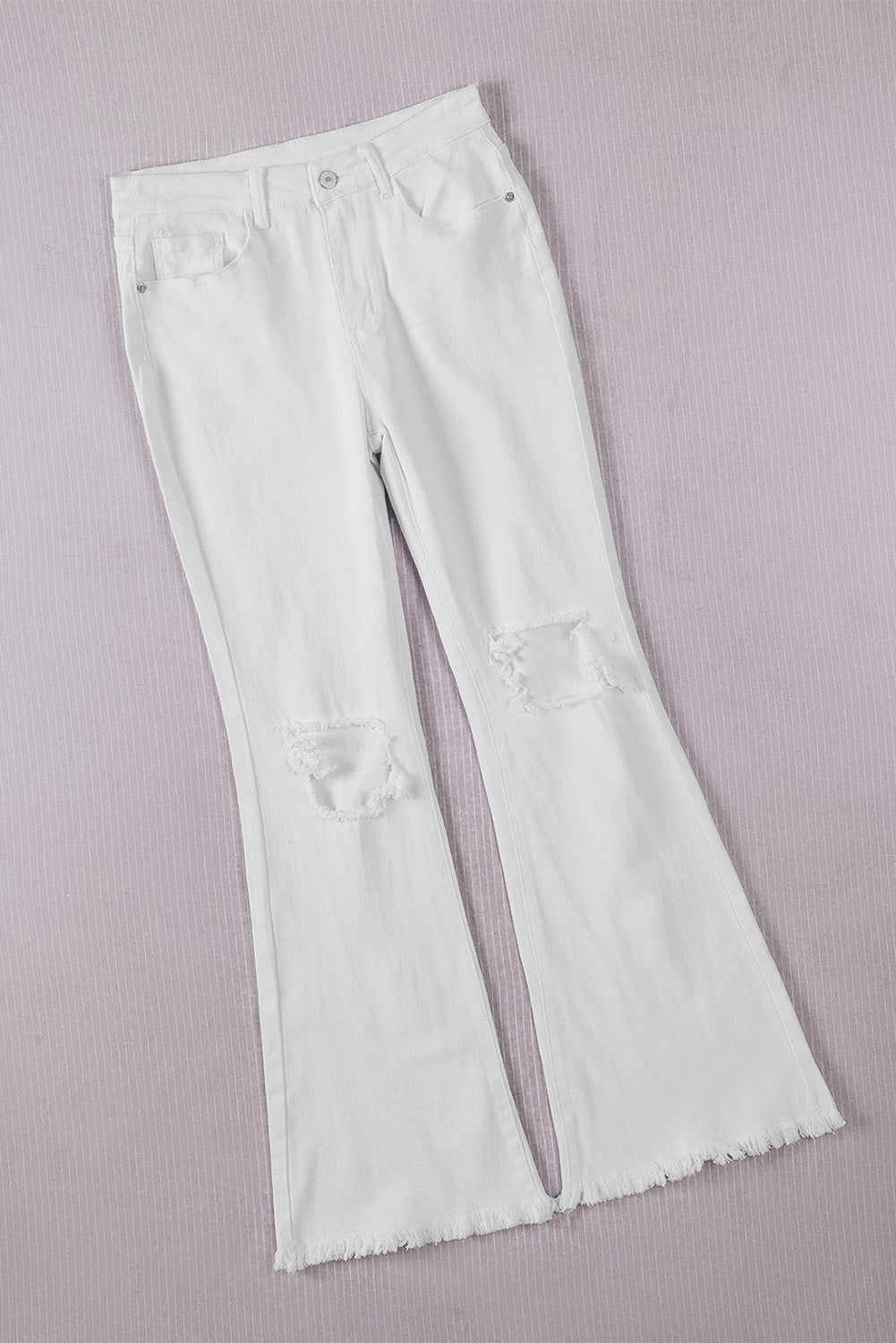 White Distressed Hollow-out Knee Frayed Flare Jeans - E-Esther Clothing Store