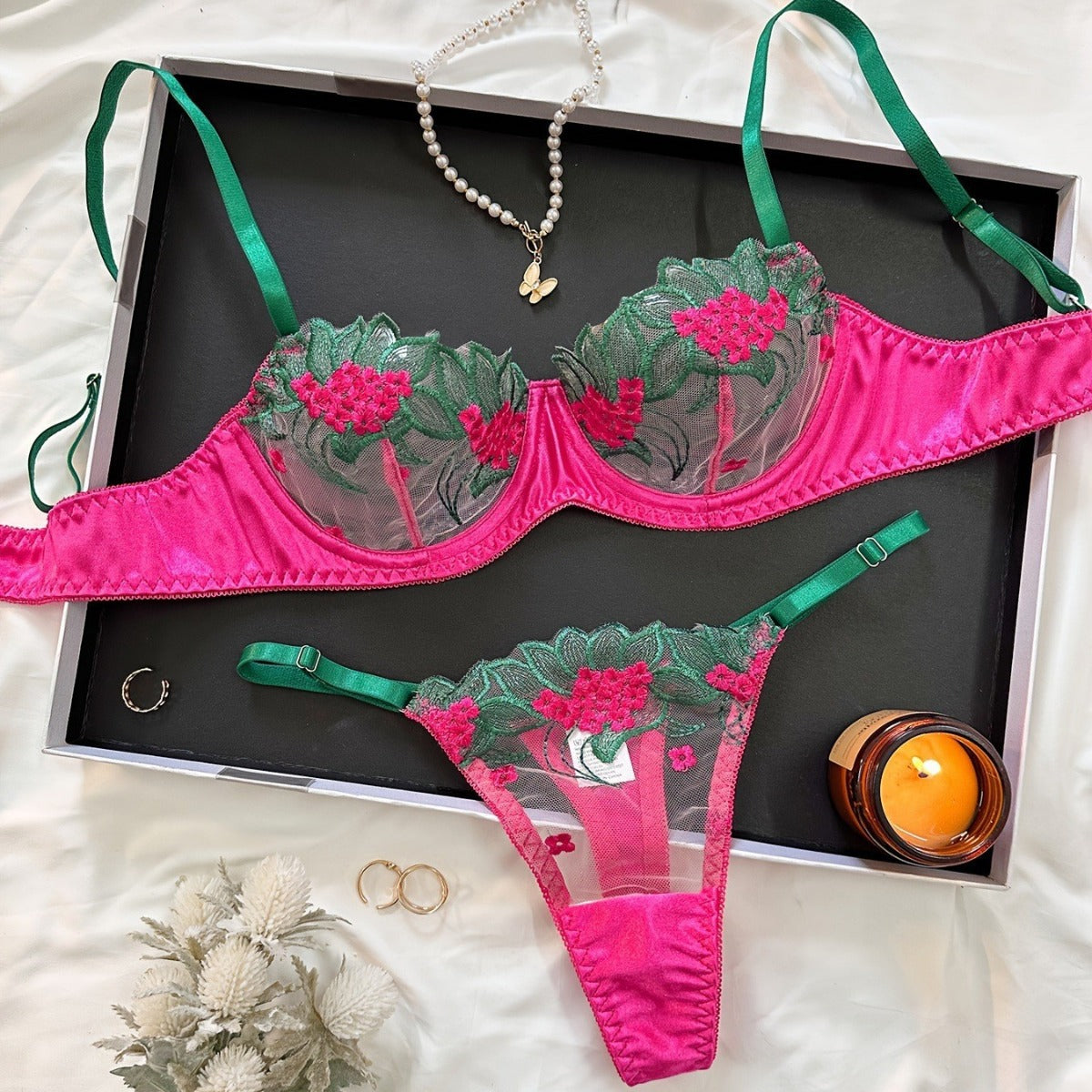 Underwear three-point sexy mesh embroidery perspective fun lingerie set women's T-pants temptation - E-Esther Clothing Store
