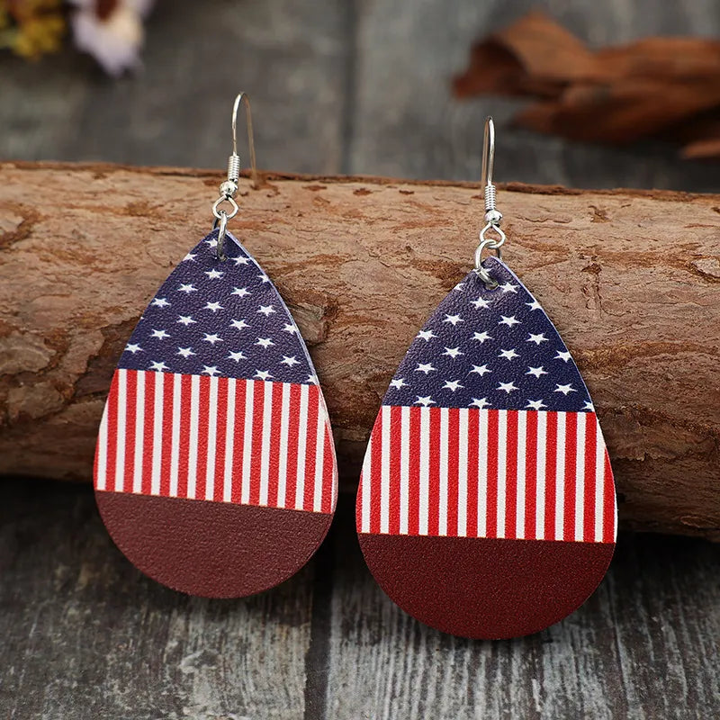 Stars and Stripes PU Leather Teardrop Earrings - E-Esther Clothing Store