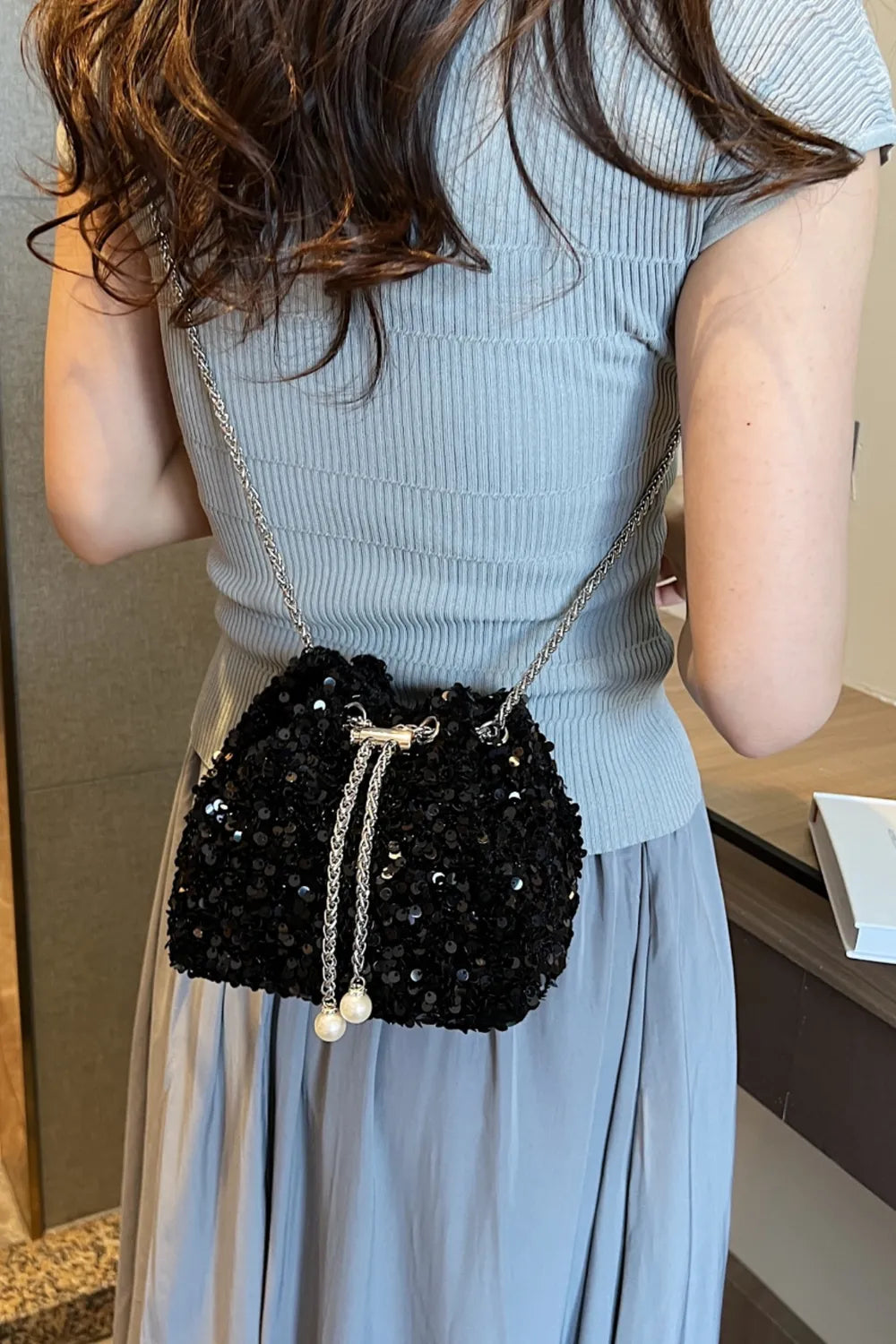 Sequin Chain Drawstring Bucket Bag - E-Esther Clothing Store