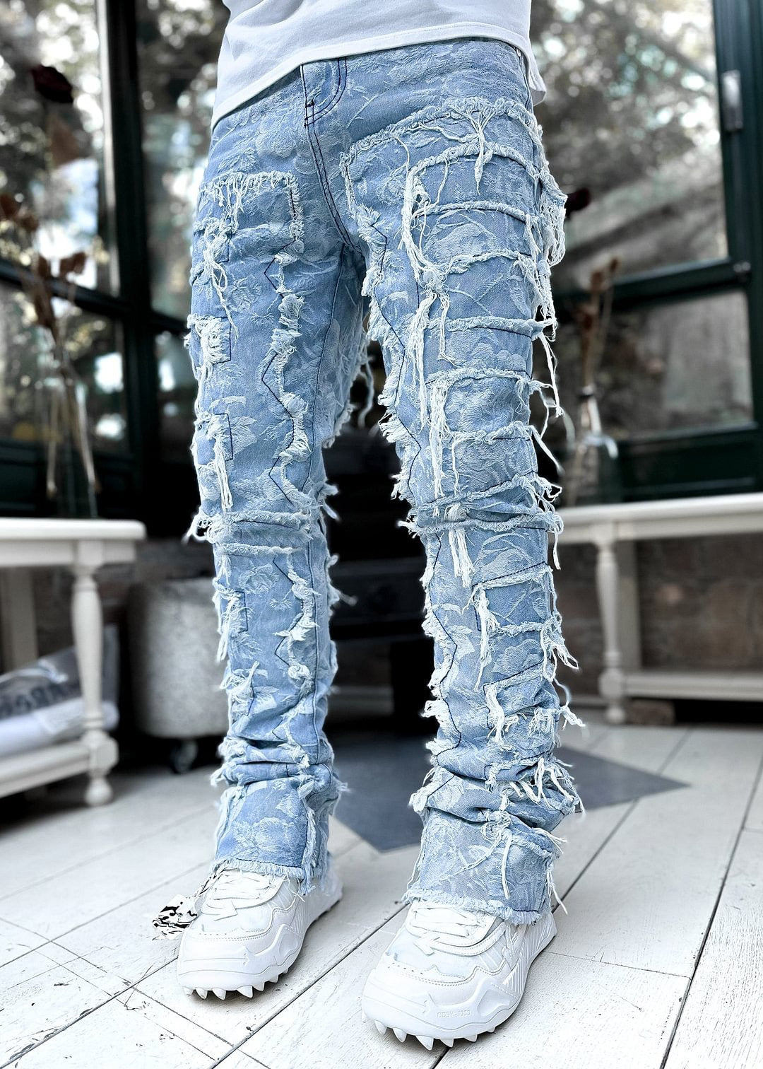 Men's denim straight leg pants with elastic patch fabric - E-Esther Clothing Store