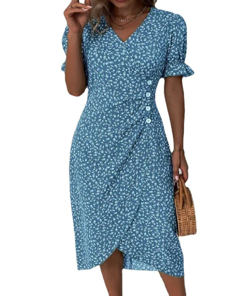 European and American Summer New Womens Vacation Leisure Flower Irregular Bottom V Neck Dress - E-Esther Clothing Store