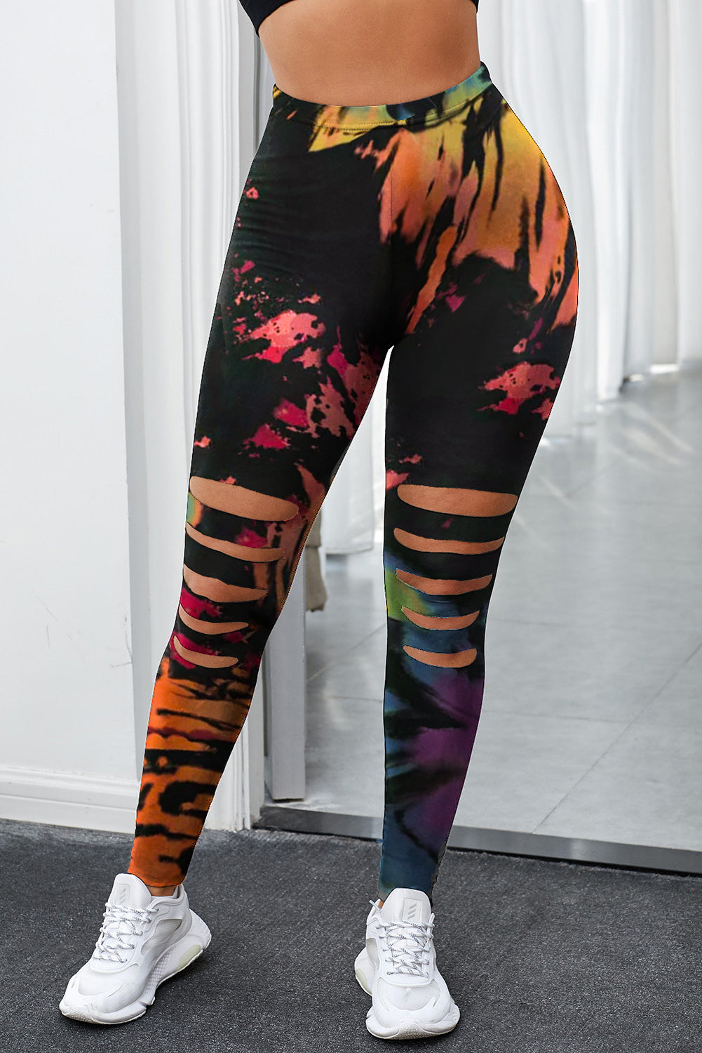 Multicolor Tie Dye Hollow Out Fitness Activewear Leggings - E-Esther Clothing Store