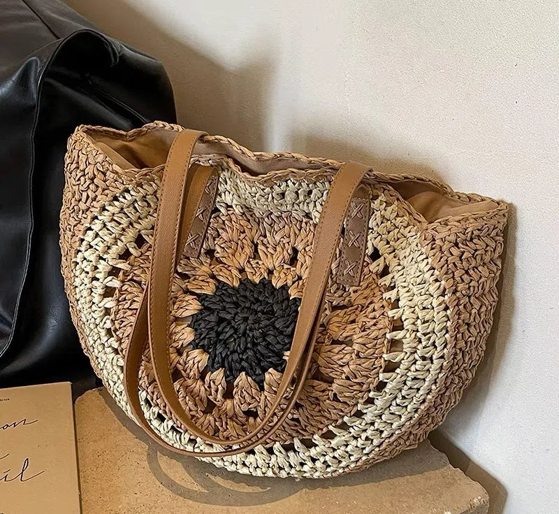 Paper rope hollow out colorful round plate grass woven bag casual beach bag one shoulder fashionable woven bag - E-Esther Clothing Store